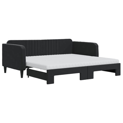 Slaapbank Onderschuifbed En Matrassen Fluweel 90 x 190 cm Zwart met onderschuifbed en matras