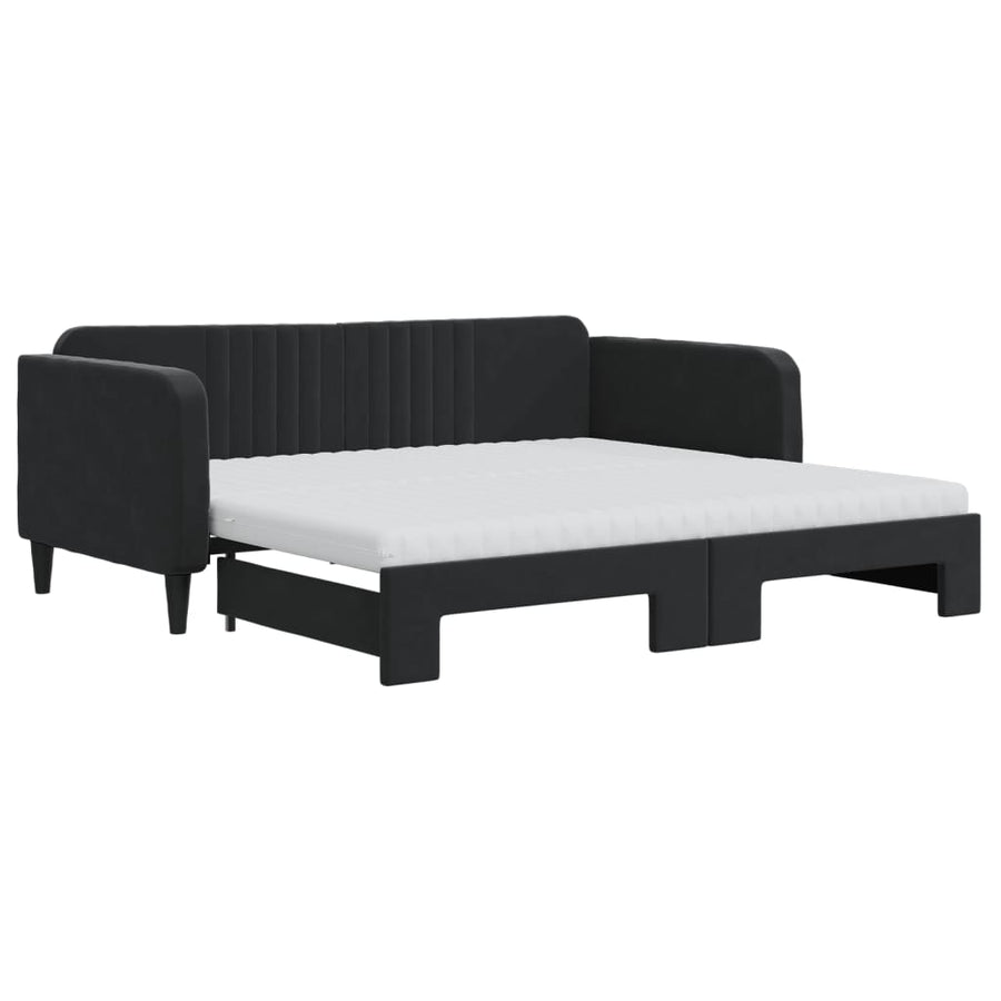 Slaapbank Onderschuifbed En Matrassen Fluweel 90 x 190 cm Zwart met onderschuifbed en matras