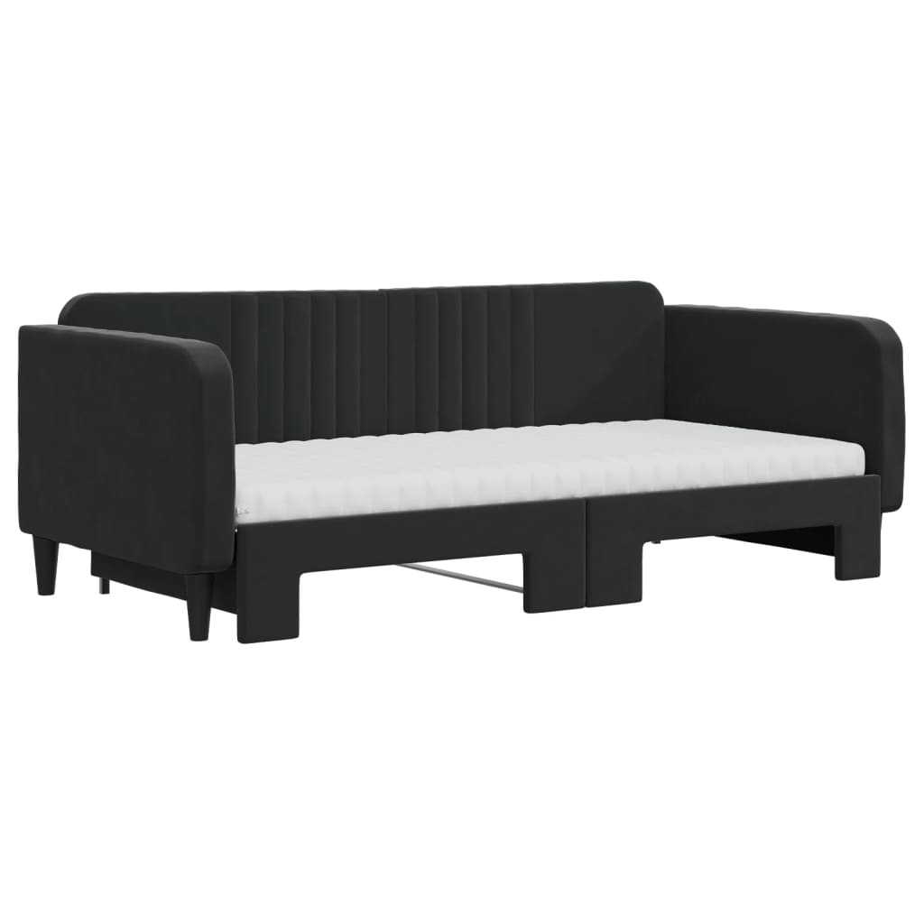 Slaapbank Onderschuifbed En Matrassen Fluweel 90 x 190 cm Zwart met onderschuifbed en matras