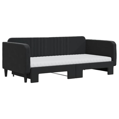 Slaapbank Onderschuifbed En Matrassen Fluweel 90 x 190 cm Zwart met onderschuifbed en matras