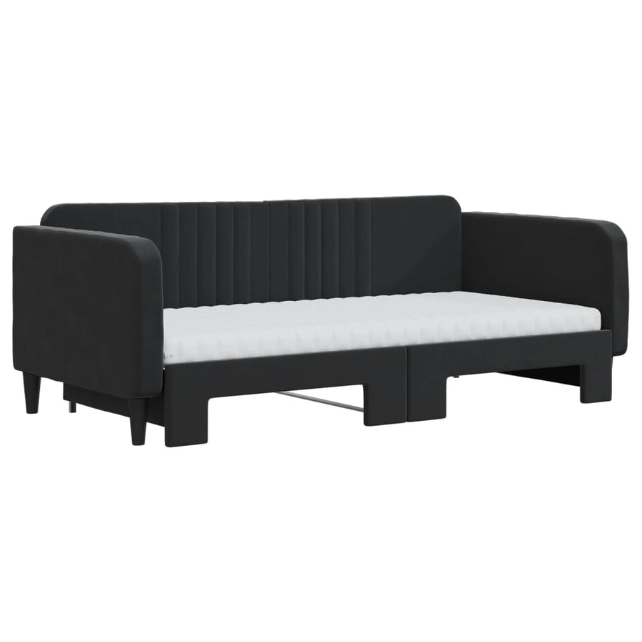 Slaapbank Onderschuifbed En Matrassen Fluweel 90 x 190 cm Zwart met onderschuifbed en matras