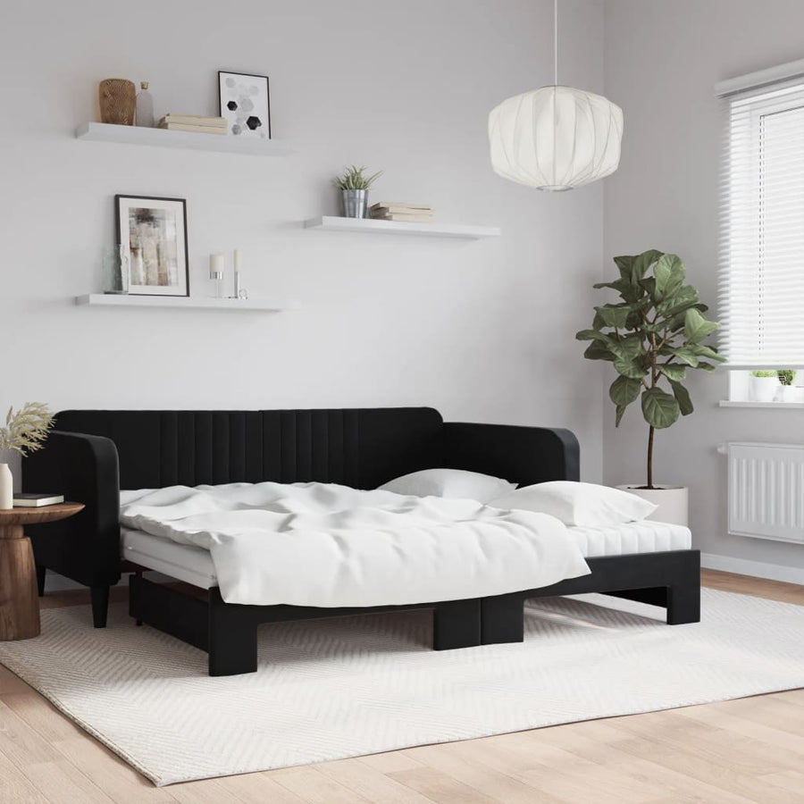 Slaapbank Onderschuifbed En Matrassen Fluweel 90 x 190 cm Zwart met onderschuifbed en matras