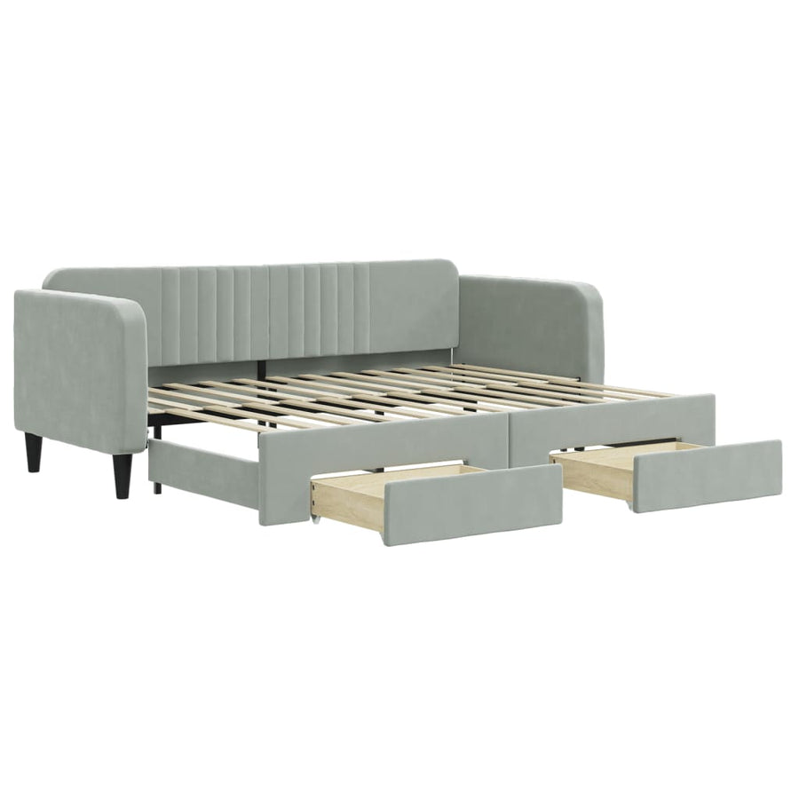 Slaapbank Onderschuifbed En Lades Fluweel Lichtgrijs 80 x 200 cm met onderschuifbed en lade