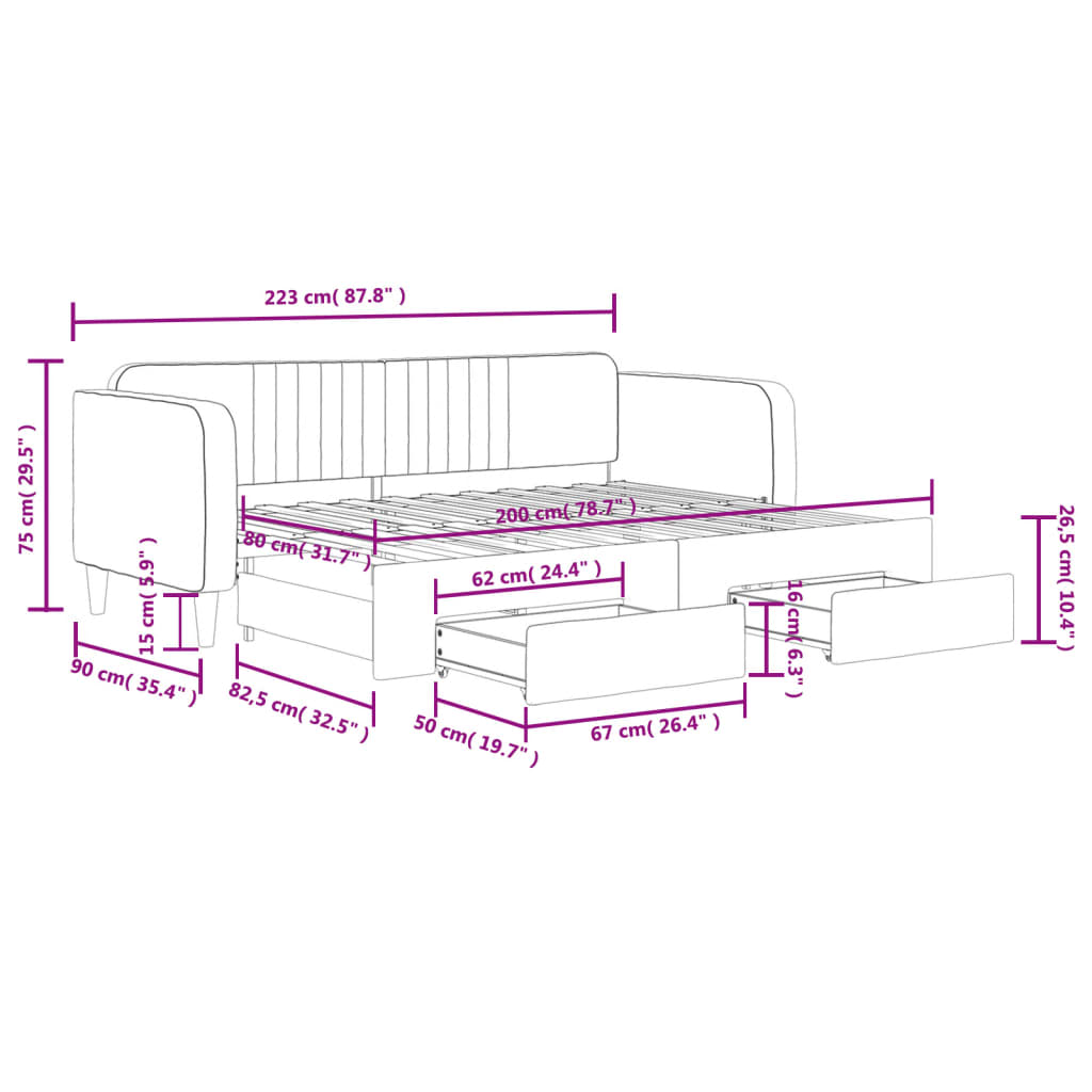 Slaapbank Onderschuifbed En Lades Fluweel 80 x 200 cm Donkergrijs