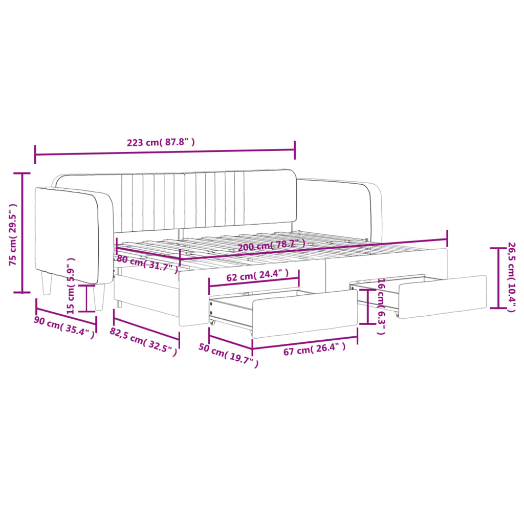 Slaapbank met onderschuifbed en lades 80x200 cm fluweel roze