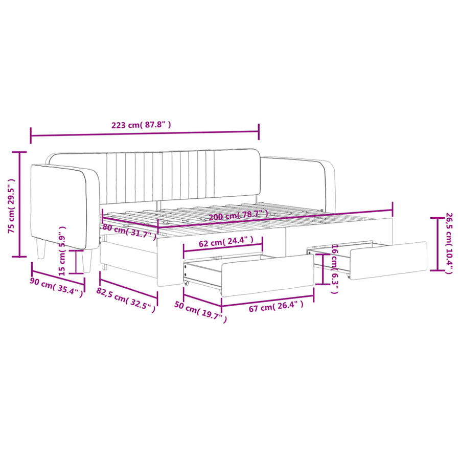 Slaapbank met onderschuifbed en lades 80x200 cm fluweel roze