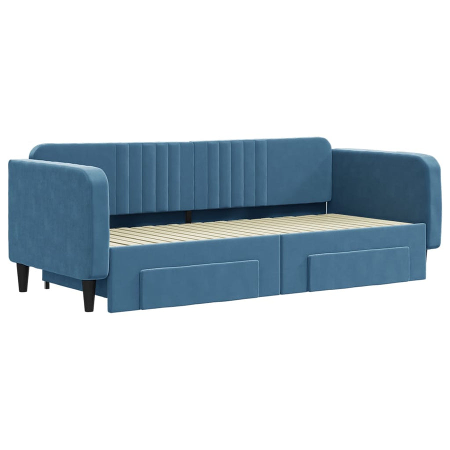Slaapbank Met Onderschuifbed En Lades 90X200 Cm Fluweel Blauw 90 x 200 cm
