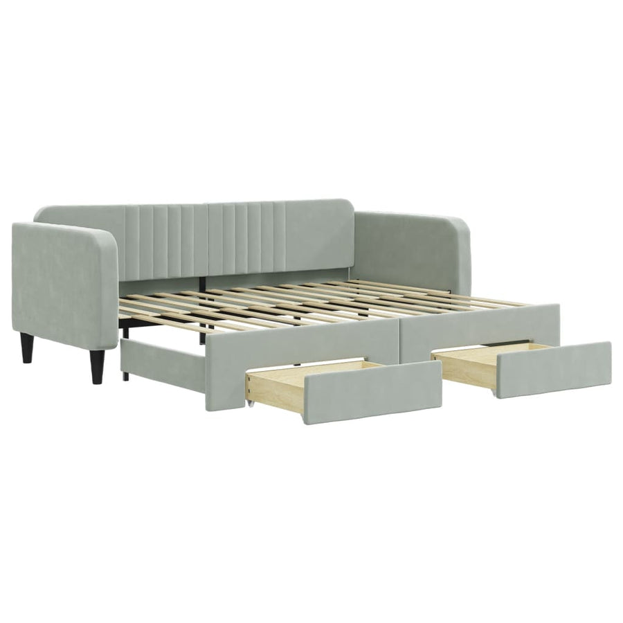 Slaapbank Onderschuifbed En Lades Fluweel Lichtgrijs 90 x 200 cm met onderschuifbed en lade
