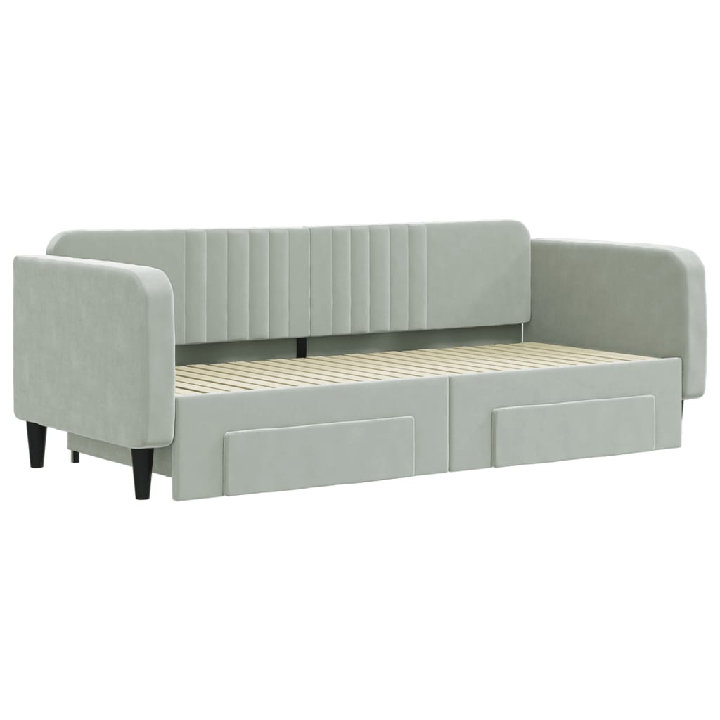 Slaapbank Onderschuifbed En Lades Fluweel Lichtgrijs 90 x 200 cm met onderschuifbed en lade