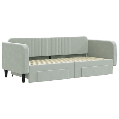 Slaapbank Onderschuifbed En Lades Fluweel Lichtgrijs 90 x 200 cm met onderschuifbed en lade