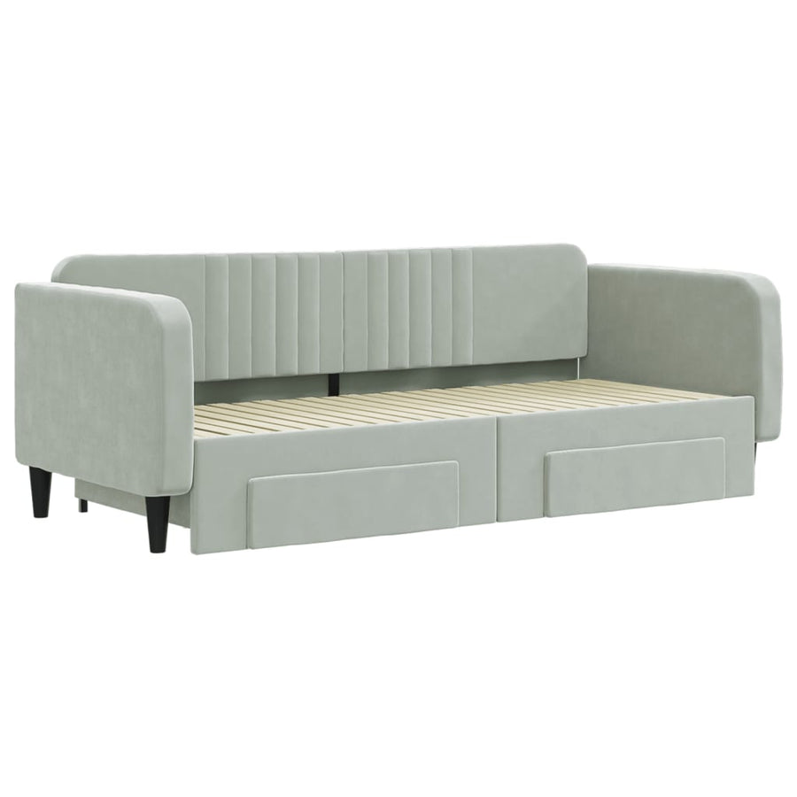 Slaapbank Onderschuifbed En Lades Fluweel Lichtgrijs 90 x 200 cm met onderschuifbed en lade