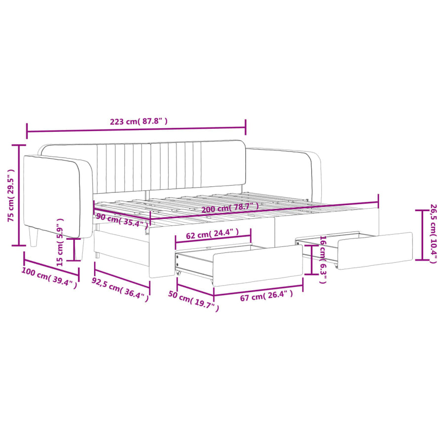 Slaapbank Onderschuifbed En Lades Fluweel Lichtgrijs 90 x 200 cm met onderschuifbed en lade