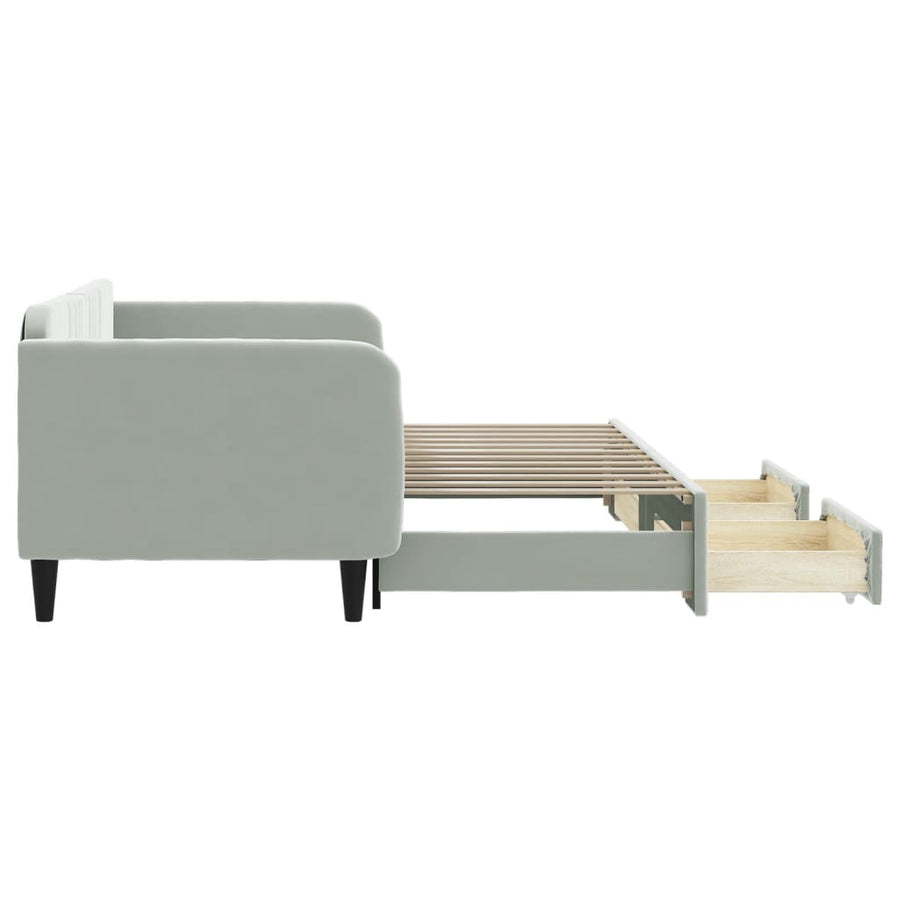 Slaapbank Onderschuifbed En Lades Fluweel Lichtgrijs 90 x 200 cm met onderschuifbed en lade