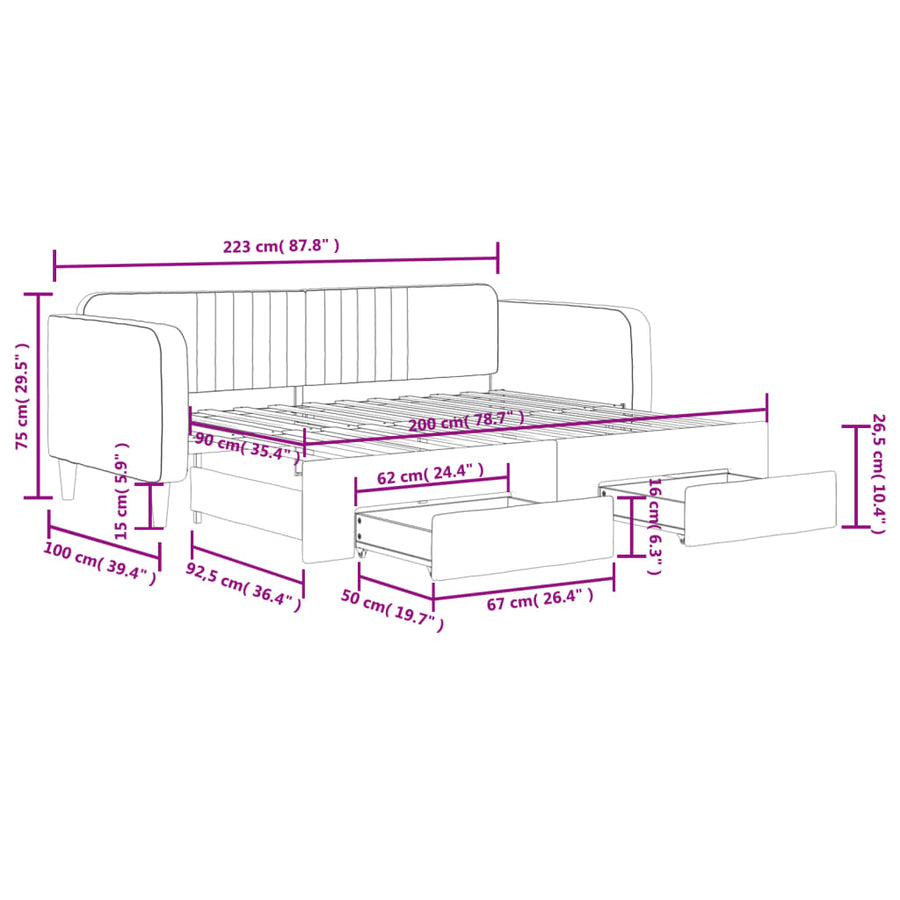 Slaapbank onderschuifbed en lades 90x200 cm fluweel donkergrijs