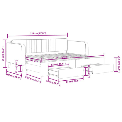 Slaapbank met onderschuifbed en lades 90x200 cm fluweel roze
