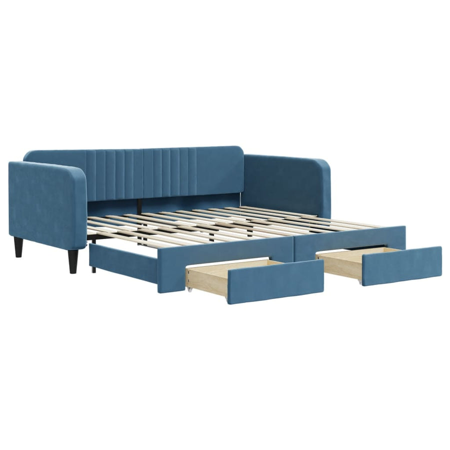 Slaapbank S Fluweel 100 x 200 cm Blauw met onderschuifbed en lade
