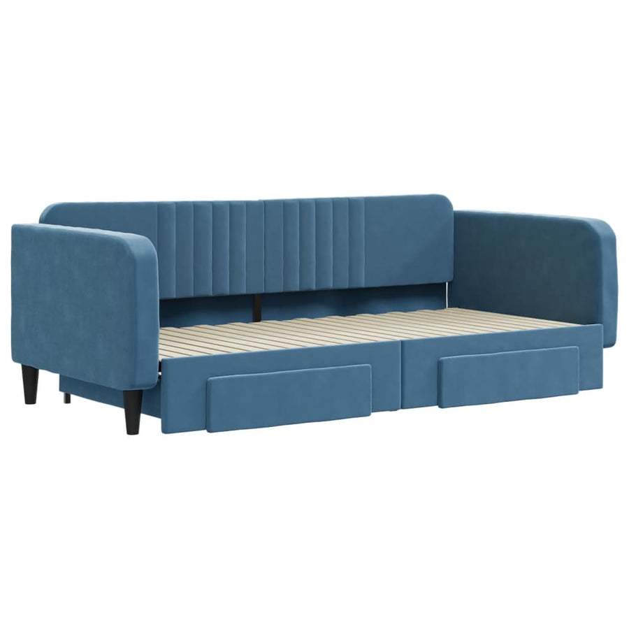 Slaapbank S Fluweel 100 x 200 cm Blauw met onderschuifbed en lade