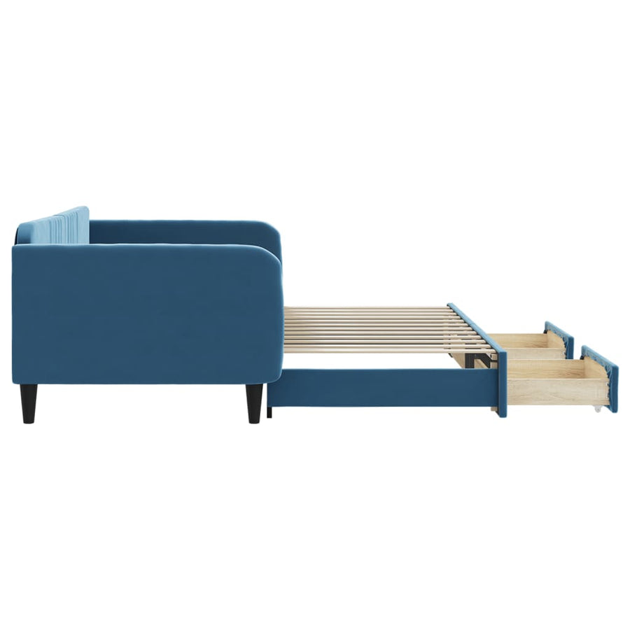 Slaapbank S Fluweel 100 x 200 cm Blauw met onderschuifbed en lade