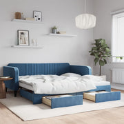 Slaapbank met onderschuifbed 100x200 cm fluweel blauw