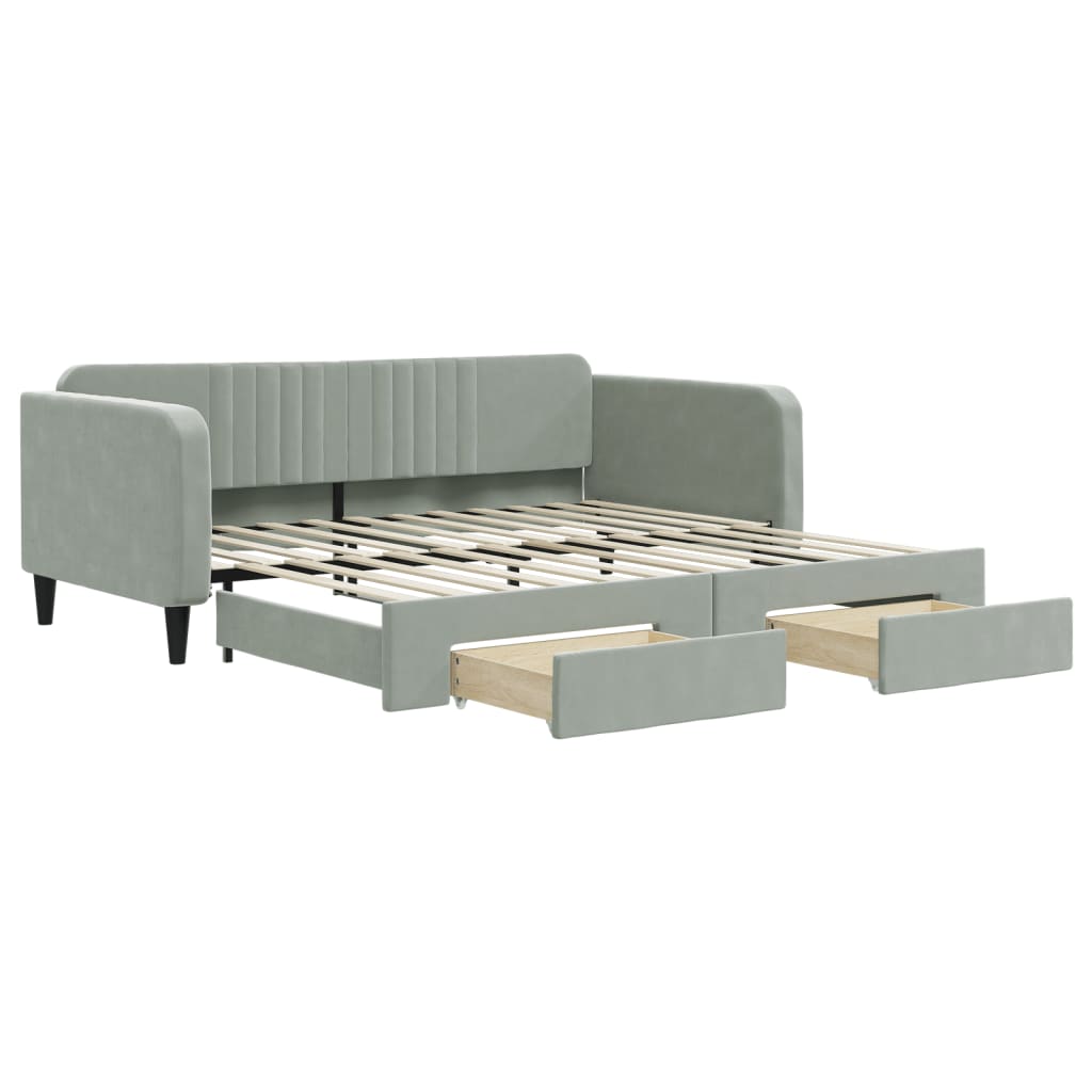 Slaapbank Onderschuifbed En Lades Fluweel 100 x 200 cm Lichtgrijs met onderschuifbed en lade