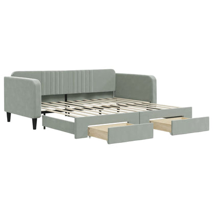 Slaapbank Onderschuifbed En Lades Fluweel 100 x 200 cm Lichtgrijs met onderschuifbed en lade