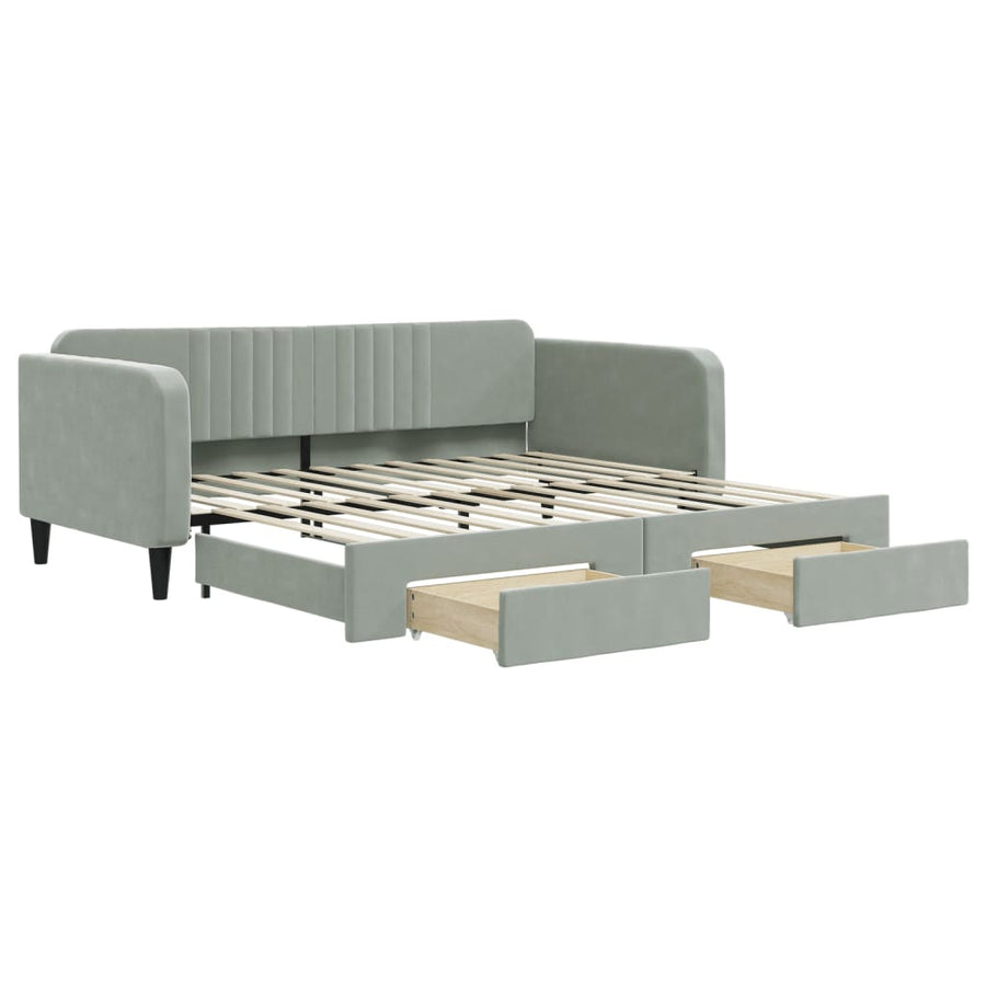 Slaapbank Onderschuifbed En Lades Fluweel 100 x 200 cm Lichtgrijs met onderschuifbed en lade