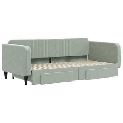 Slaapbank Onderschuifbed En Lades Fluweel 100 x 200 cm Lichtgrijs met onderschuifbed en lade