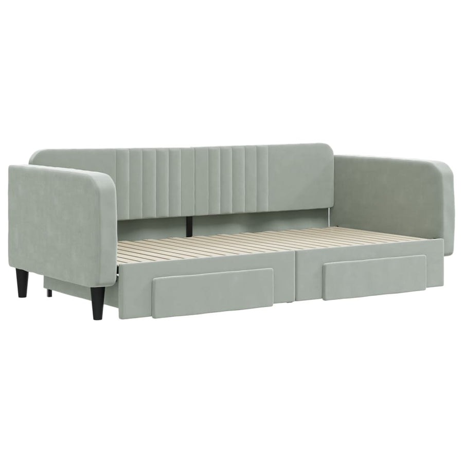 Slaapbank Onderschuifbed En Lades Fluweel 100 x 200 cm Lichtgrijs met onderschuifbed en lade