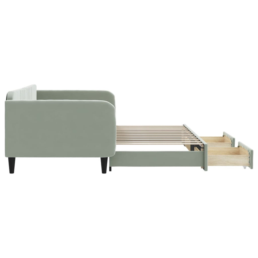 Slaapbank Onderschuifbed En Lades Fluweel 100 x 200 cm Lichtgrijs met onderschuifbed en lade