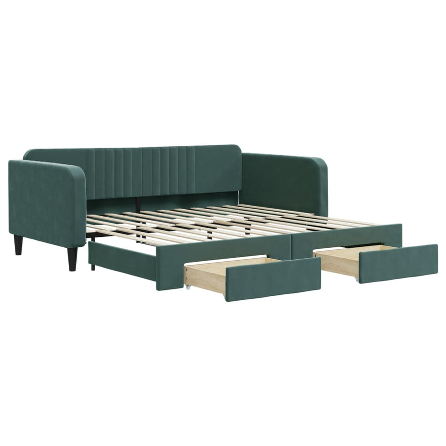 Slaapbank Onderschuifbed Lades Fluweel Donkergroen 100 x 200 cm met onderschuifbed en lade