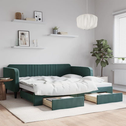 Slaapbank Onderschuifbed Lades Fluweel Donkergroen 100 x 200 cm met onderschuifbed en lade