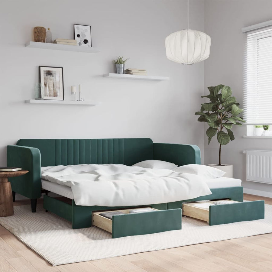 Slaapbank Onderschuifbed Lades Fluweel Donkergroen 100 x 200 cm met onderschuifbed en lade