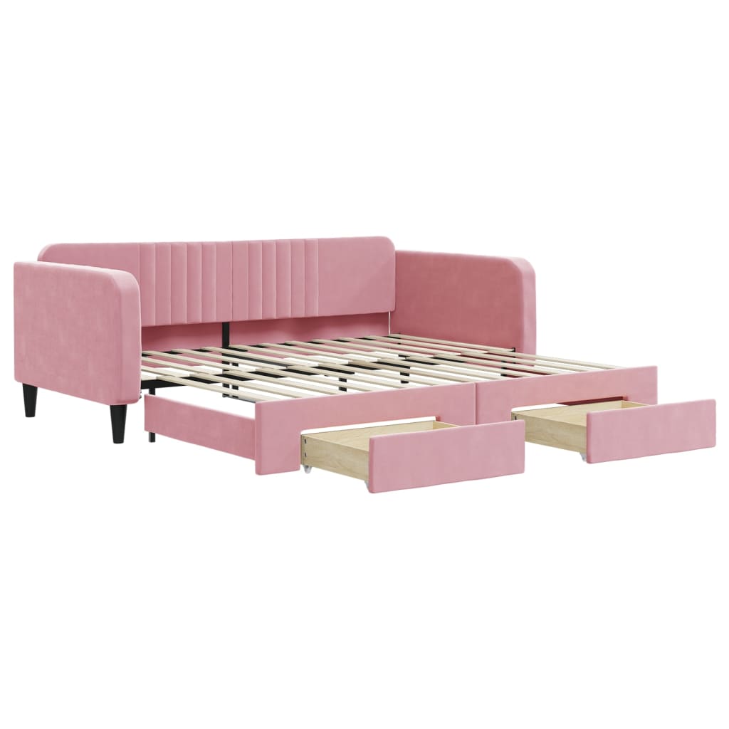 Slaapbank met onderschuifbed en lades 100x200 cm fluweel roze