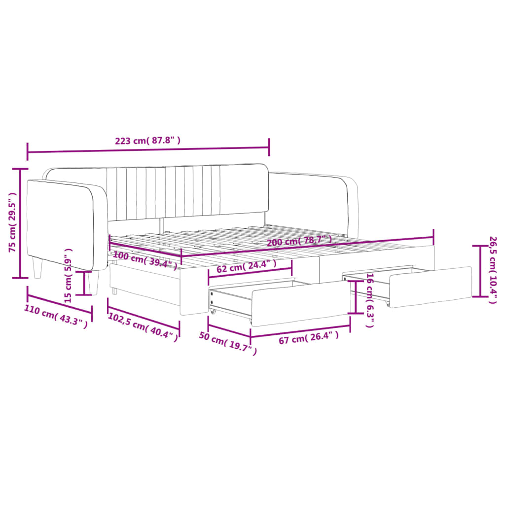 Slaapbank met onderschuifbed en lades 100x200 cm fluweel roze