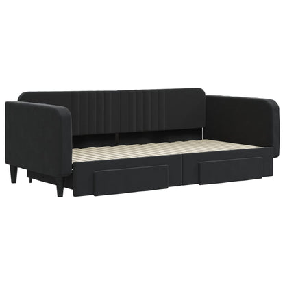 Slaapbank S Fluweel 100 x 200 cm Zwart met onderschuifbed en lade