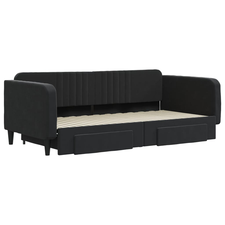 Slaapbank S Fluweel 100 x 200 cm Zwart met onderschuifbed en lade