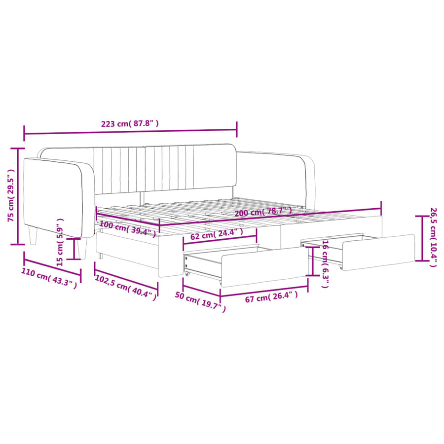 Slaapbank S Fluweel 100 x 200 cm Geel met onderschuifbed en lade