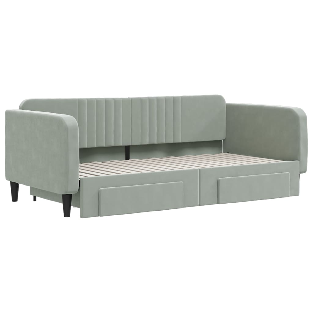 Slaapbank Onderschuifbed En Lades Fluweel Lichtgrijs 90 x 190 cm met onderschuifbed en lade