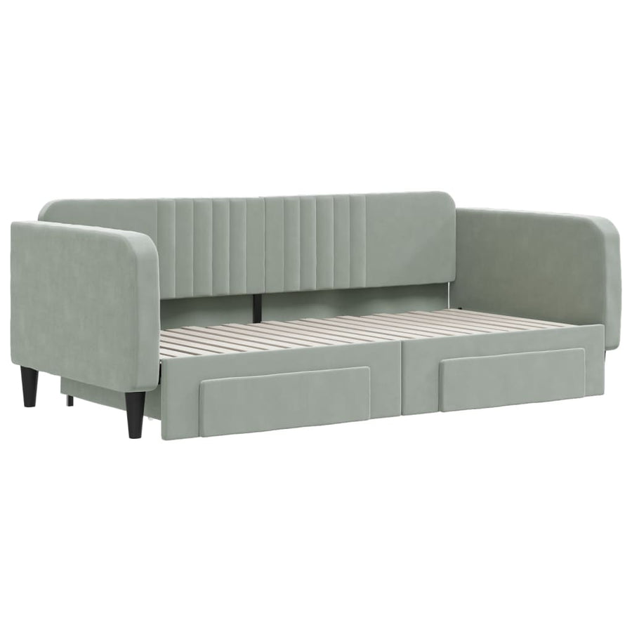 Slaapbank Onderschuifbed En Lades Fluweel Lichtgrijs 90 x 190 cm met onderschuifbed en lade