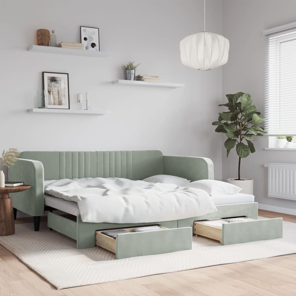Slaapbank Onderschuifbed En Lades Fluweel Lichtgrijs 90 x 190 cm met onderschuifbed en lade
