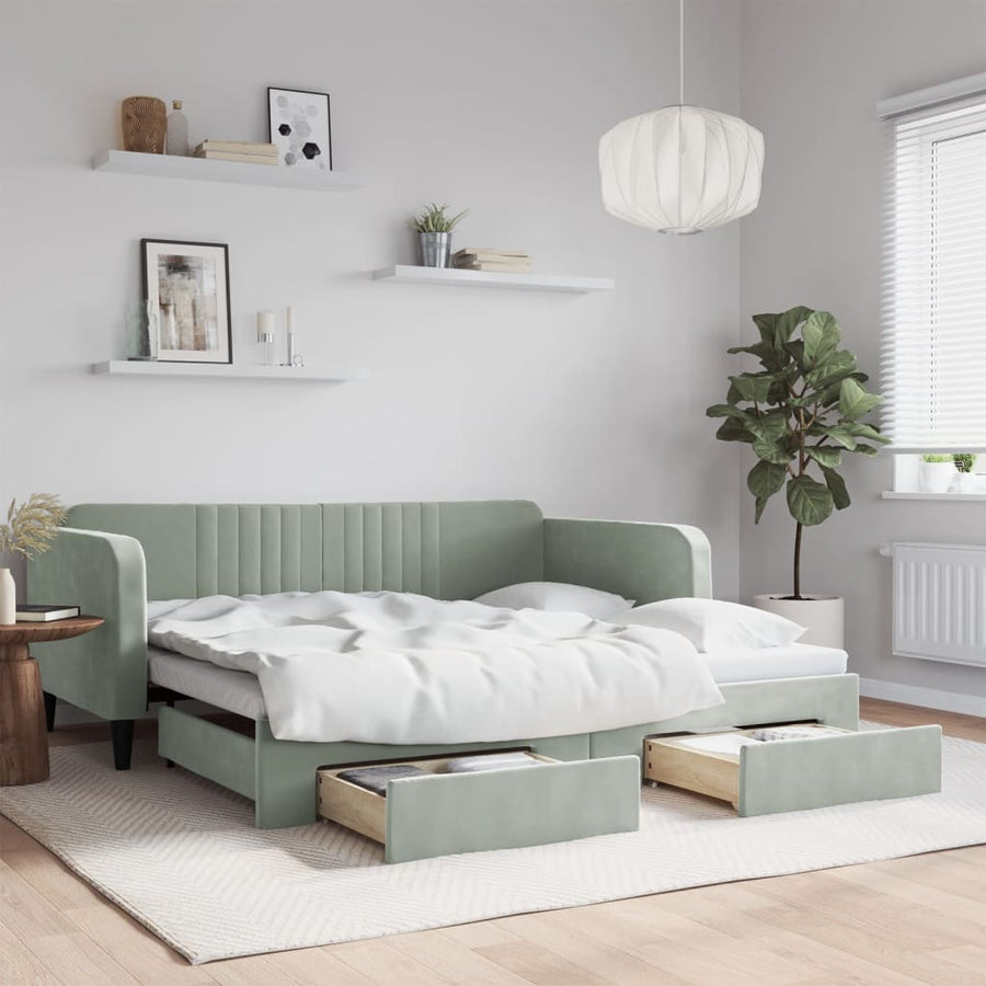 Slaapbank Onderschuifbed En Lades Fluweel Lichtgrijs 90 x 190 cm met onderschuifbed en lade