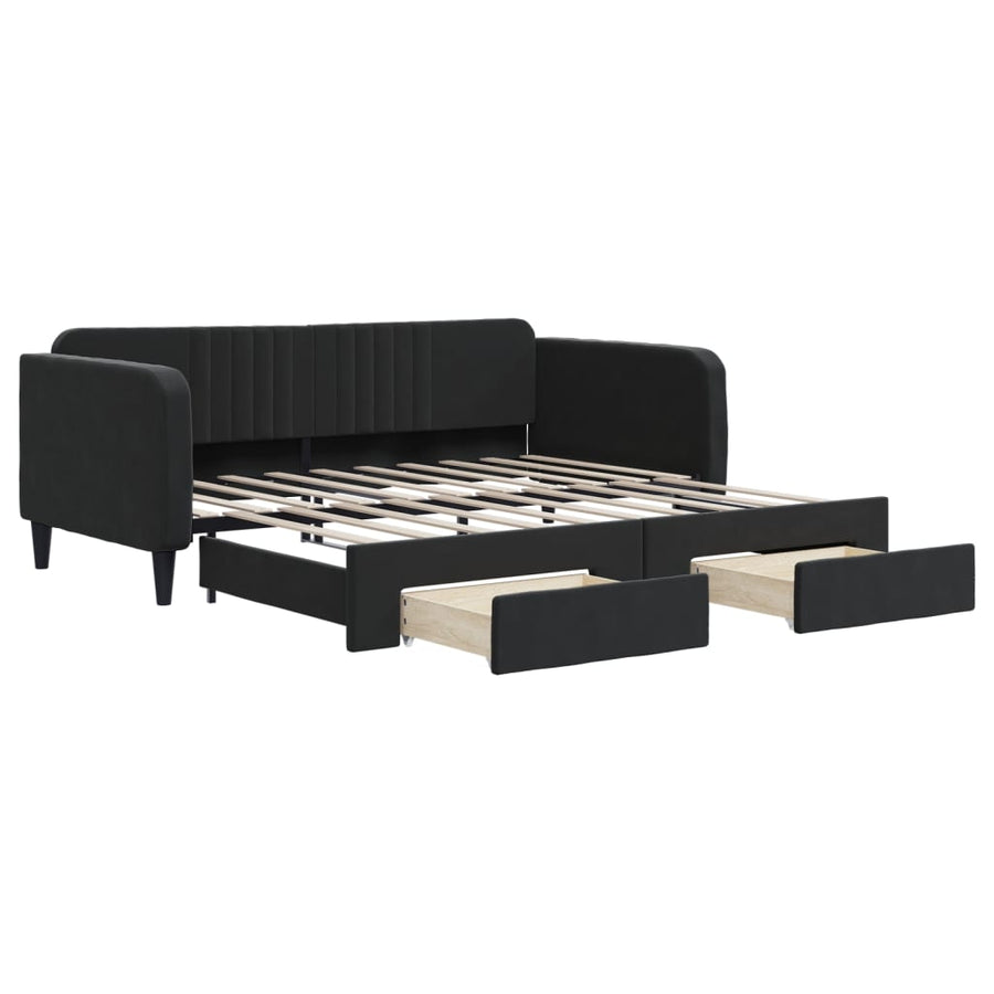 Slaapbank S Fluweel Zwart 90 x 190 cm met onderschuifbed en lade