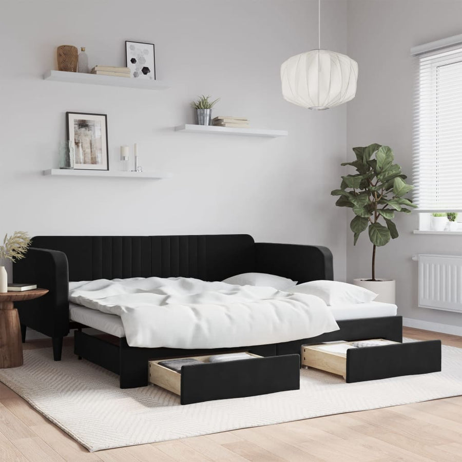 Slaapbank S Fluweel Zwart 90 x 190 cm met onderschuifbed en lade