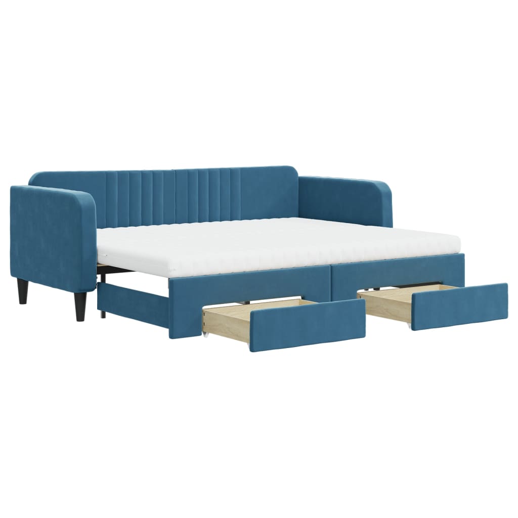 Slaapbank met onderschuifbed en lades 80x200 cm fluweel blauw