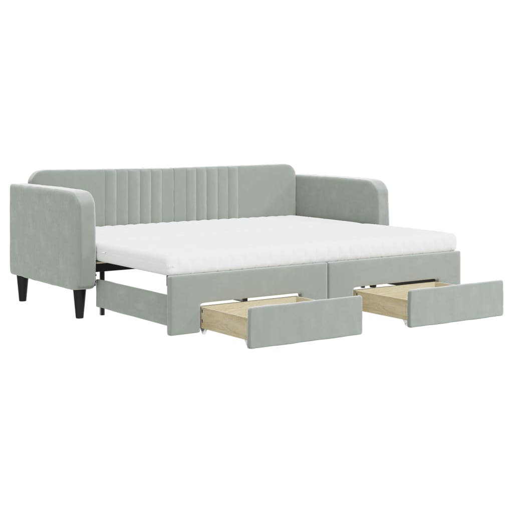 Slaapbank Onderschuifbed En Lades Fluweel Lichtgrijs 80 x 200 cm met onderschuifbed en lade en matras