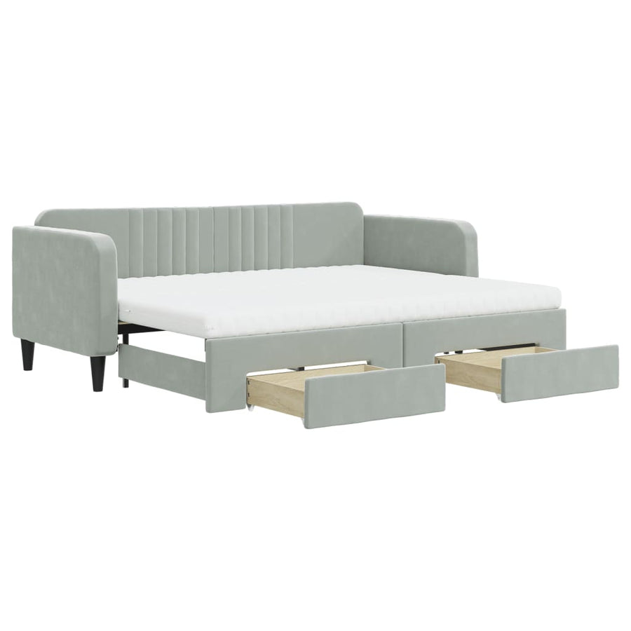 Slaapbank Onderschuifbed En Lades Fluweel Lichtgrijs 80 x 200 cm met onderschuifbed en lade en matras