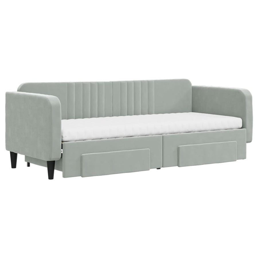 Slaapbank Onderschuifbed En Lades Fluweel Lichtgrijs 80 x 200 cm met onderschuifbed en lade en matras