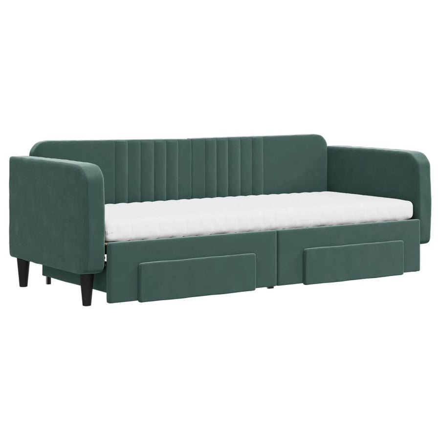 Slaapbank Onderschuifbed En Lades Fluweel Donkergroen 80 x 200 cm met onderschuifbed en lade en matras