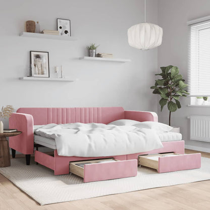 Slaapbank met onderschuifbed en lades 80x200 cm fluweel roze