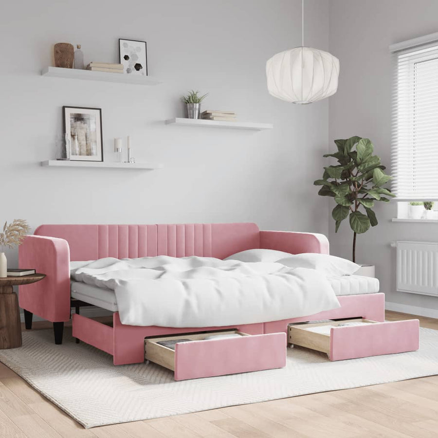 Slaapbank met onderschuifbed en lades 80x200 cm fluweel roze